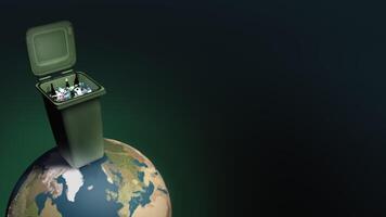 A green trash can on top of a globe video