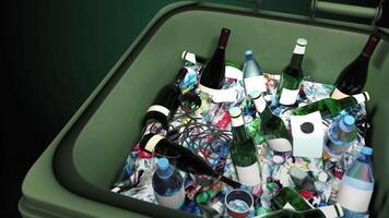 A trash can filled with bottles and other items video