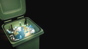 A green trash can with a globe inside video
