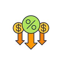 percent down, reduce interest rate icon vector