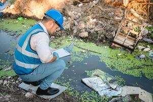 Water resource experts check the water quality in a community canal contaminated with garbage photo
