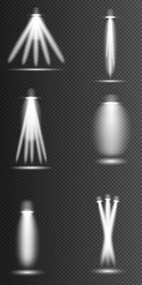 a set of white light beams on a black background