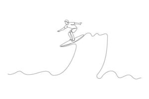 Man surfing on a wave one-line art drawing. Surfing concept continuous outline vector
