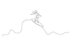 Young woman surfing on a wave one-line art drawing. Surfing concept continuous outline vector