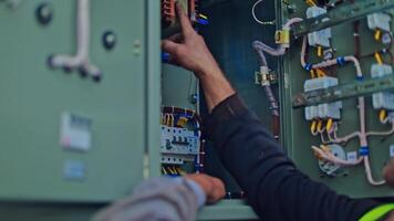 Engineering installing of solar plant power. Engineer installing solar photovoltaic integrated electric box video