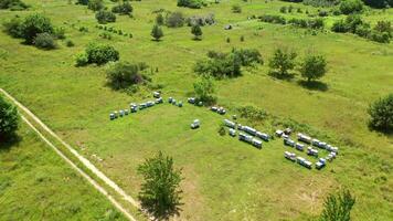 Aerial view of hives in apiary. Aerial drone view of apiary with wooden old beehives video