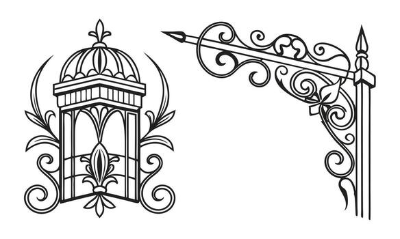 a set of decorative elements, including a lamp post and a lantern vector