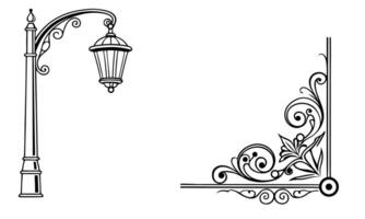 a black and white drawing of a lamp post and a street lamp vector