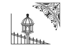 a black and white drawing of a lamp post and fence vector