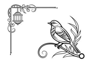 bird on a branch with a bird cage in the background vector