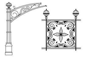 a black and white drawing of a wrought iron fence vector