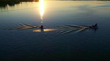 Rest on river by boat. Aerial view of motor boat floats on the river video