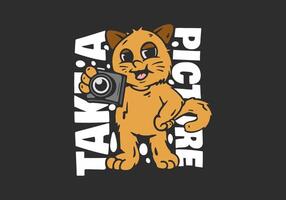 Take a picture. A Standing orange cat character holding a camera illustration vector