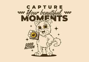Capture your beautiful moment. Mascot character of a standing cat holding a old pocket camera vector