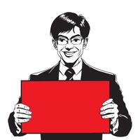 man in a suit holding up a red sign vector