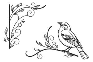 bird on branch with leaves and flowers vector