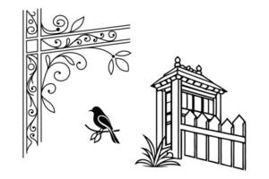 a black and white drawing of a bird and fence vector