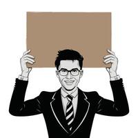 a man in a suit holding up a sign vector