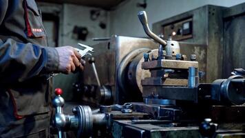 Man measuring metal part. Worker measures part with caliper measuring tool at factory video