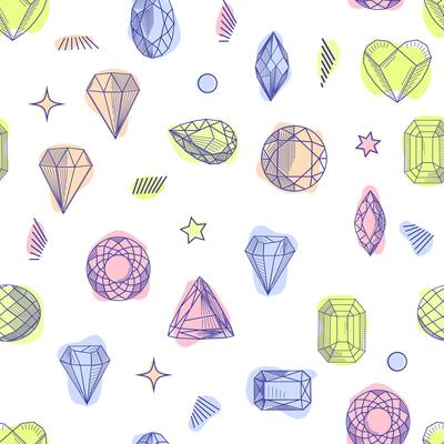 Gemstone crystal seamless pattern. Pastel gems and stars on white background