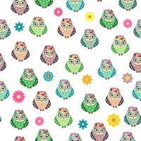 Seamless colorful owl pattern for children with flowers, clouds, branches. vector