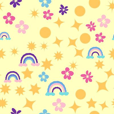 Ditsy flowers, rainbows, stars seamless pattern. Gold stars and flower