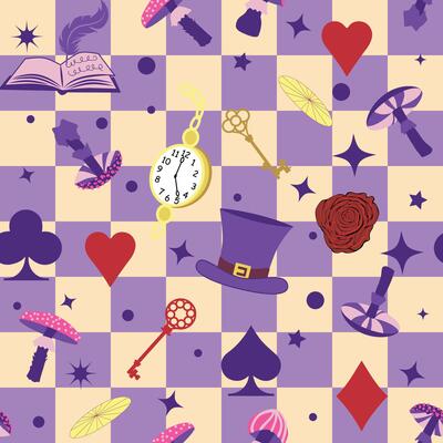 Wonderland pattern elements roses, rabbit, Cheshire cat, flamingo cards hat cup and mushrooms