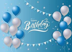 Happy Birthday written with beautiful white letters on a plain blue background with festive balloons in the corner vector