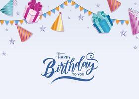 Happy Birthday card design with festive elements gift boxes, colorful pennants, and party hats. A vibrant background perfect for greetings or invitations. vector