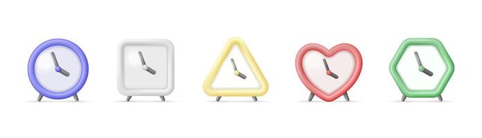 Realistic set of table clocks in 3D. Realistic alarm clocks of different shapes and colors. vector
