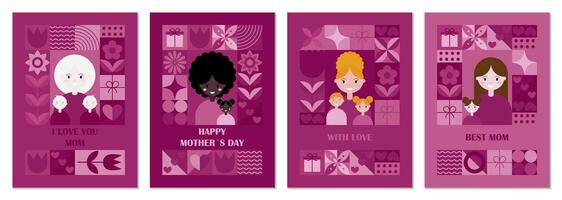 Set of Mothers Day vertical greeting cards with modern abstract geometric pattern. illustration vector