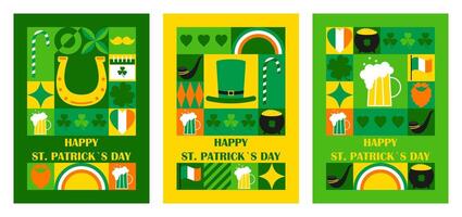Set of Happy St. Patricks Day vertical greeting cards with modern abstract geometric pattern. illustration vector