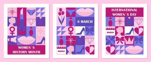 Set of Womens Day geometric banners templates. Trendy minimalist design with simple shapes. Creative concept for poster, invitation, card, branding, cover. illustration vector
