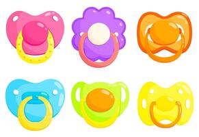 Baby colourful dummy set of illustrations. Pacifier, soother, teether, comforter. Front view vector