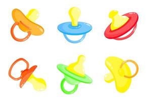 Baby colourful pacifiers set of illustrations. Dummy, soother, teether, binky, baby comforter vector