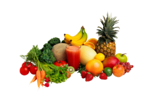 A group of fruits and vegetables are arranged on a transparent background png