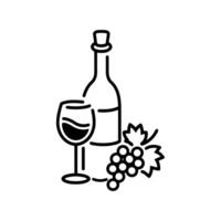 Wine Bottle And Glass Of Wine And Grapes On White Background. vector