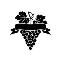 Grapes Icon With Decorative Ribbon Black And White Background Design. Silhouette Style, vector