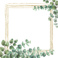 Eucalyptus leaves and branches with gold frame. Watercolor hand painted floral illustration. Square frame, template for wedding invitations, save the date or greeting cards. Isolated from background png