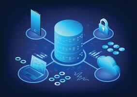Server technology, connected to the cloud, with notebooks and mobile phones, conveys data processing, online storage and IoT operations, suitable for digital businesses. vector