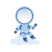 A cute astronaut sits on a cloud and waves. vector