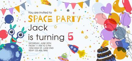 An invitation template for a space party. With colorful balloons, aliens, cake, rocket, flying saucer, stars. vector