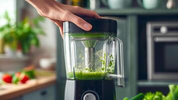 close up of hand are operating a juice blender machine photo