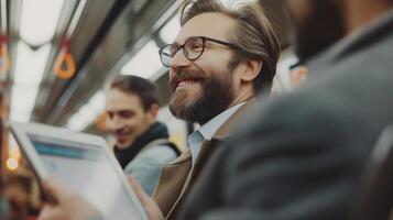 two businessmen are discussing in the subway while looking at a laptop photo