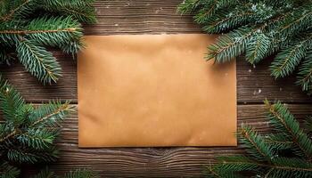 Christmas background. Blank kraft paper on wooden background. Christmas tree branches on wooden table. Mokeup card. photo