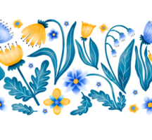 Border pattern Cartoon flowers. Blue and yellow wilflowers set. Hand drawn botanical illustration on isolated background. Blossom seamless background png