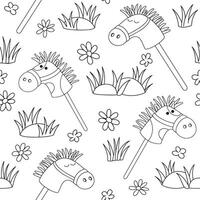 Hobby horsing seamless pattern. Cute print with toy horse. Coloring book vector