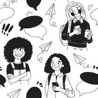 seamless pattern with cute student characters, chatting, communicating. simple illustration in doodle style. vector