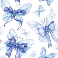 watercolor seamless pattern with butterflies with blue bows and ribbons. festive print on white background vector