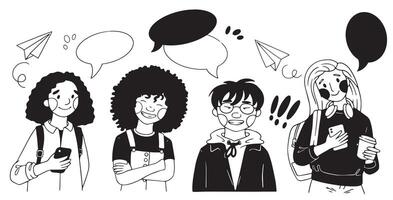 set of student characters of different genders and nationalities. line doodle style illustration vector
